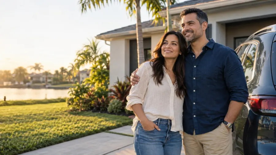 A couple in front of their house