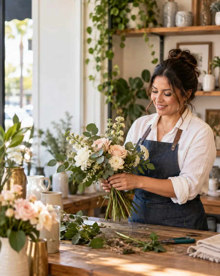 A florist arranging flowers in her shop