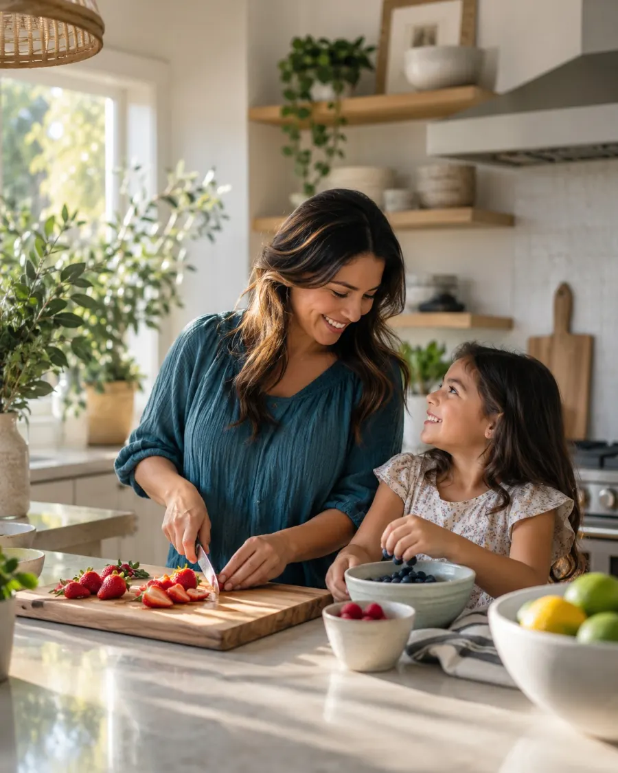 A mother and daughter cooking together at home